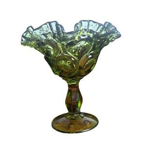 Avocado Green Glass Pedestal Ruffled Crimped Edge Open Compote Grandma Cottage